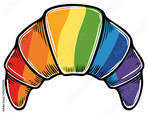 Colorful rainbow croissant pastry illustration, bakery product with vibrant LGBT pride colors, artistic sketch vector design