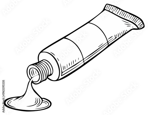 Tube of paint with flowing liquid substance forming a puddle, artistic drawing supplies and materials for creative expression