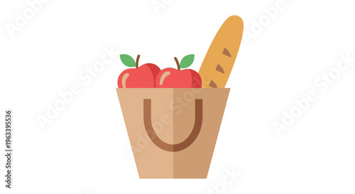 Brown Paper Bag Filled with Fresh Apples and Baguette.