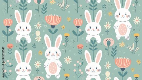 Charming floral pattern featuring adorable white rabbits and colorful blooms