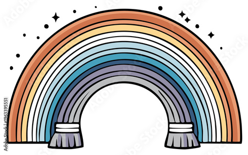 Stylized rainbow with sparkling stars and tassel ends, colorful arc, whimsical illustration
