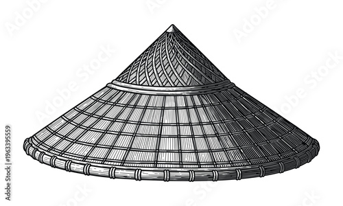 Vector illustration of a conical Asian straw hat in black and white engraving style.