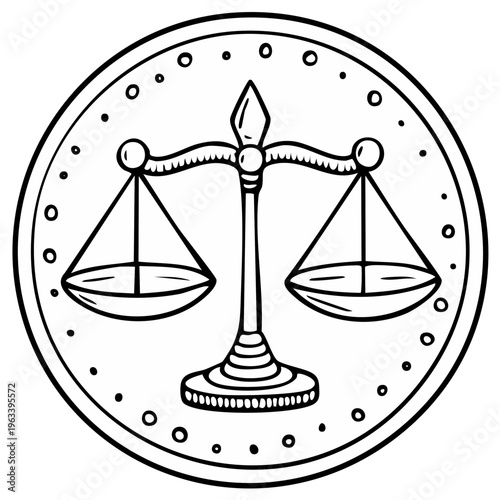 Black and white drawing of balanced scales of justice within a decorative circle representing law and fairness