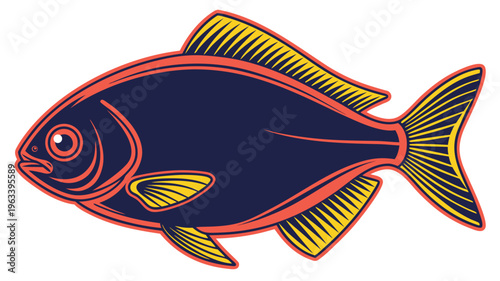 Dark blue and red stylized fish - simple graphic illustration of an aquatic creature with white background