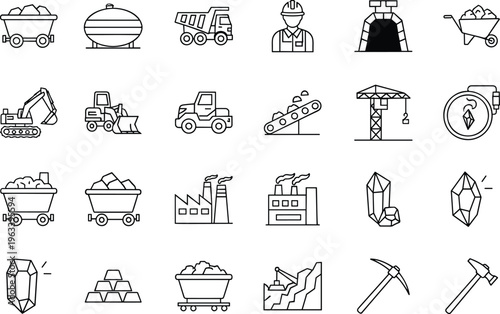 Mining industry and heavy machinery vector icon set featuring excavators dump trucks factory plants gold bars and mining tools.
