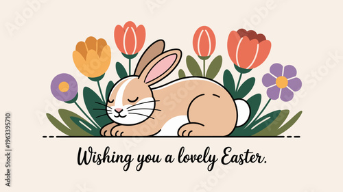 A sleeping bunny nestled among vibrant spring tulips and flowers