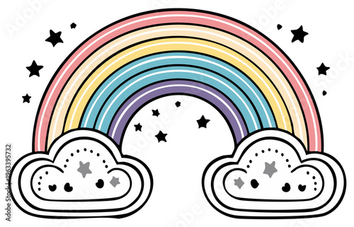 Whimsical pastel rainbow arching over cute clouds with stars