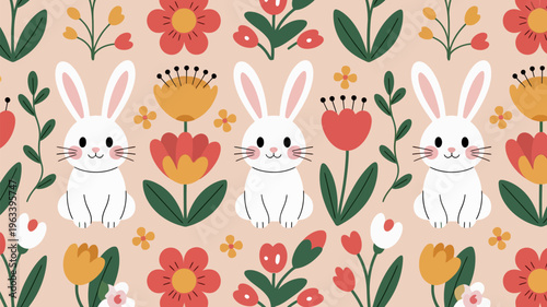 Charming floral pattern with adorable bunnies and vibrant springtime blooms