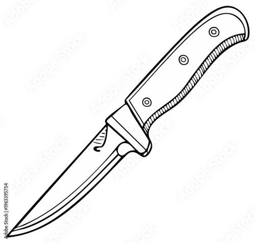 Outlined Hunting Knife Illustration with Pointed Blade and Riveted Handle for Outdoor Activities