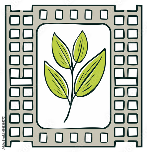 Stylized Green Plant Branch Inside Film Reel Border Illustration