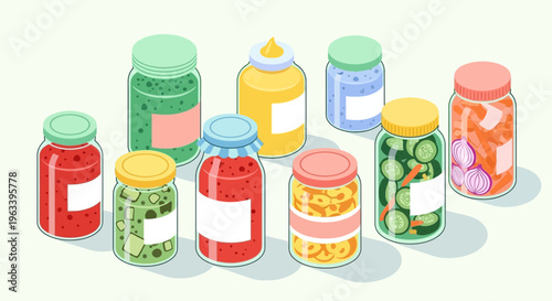 Collection of Assorted Preserved Foods in Glass Jars.