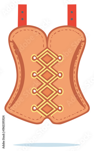 Stylized Peach Corset with Yellow Lacing and Red Straps Traditional Fashion Accessory