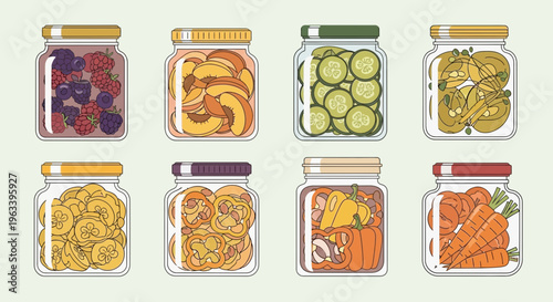 Collection of Eight Jars Filled with Preserved Fruits and Vegetables.
