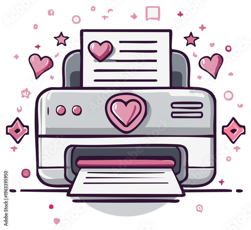 Hand-drawn printer with hearts and stars, outputting paper with hearts