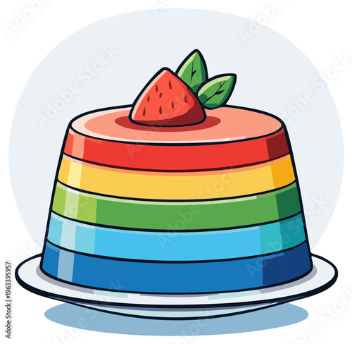 Rainbow layered jelly dessert with strawberry and mint garnish on plate