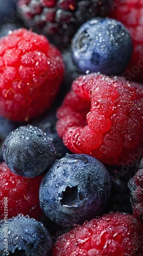 Frozen mixed berries with frost.