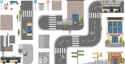 Accessible City Infrastructure Illustration with Roads, Crosswalks, Public Transport, Buildings, and Disability Friendly Urban Design Elements for Inclusive Mobility Planning