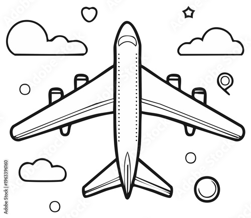 Black and white illustration of an airplane flying among clouds and simple shapes