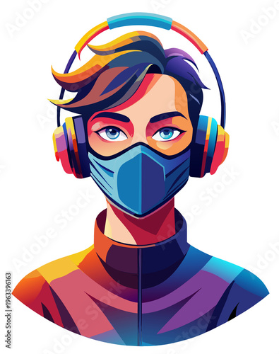 A cartoon of a young man wearing a face mask.
