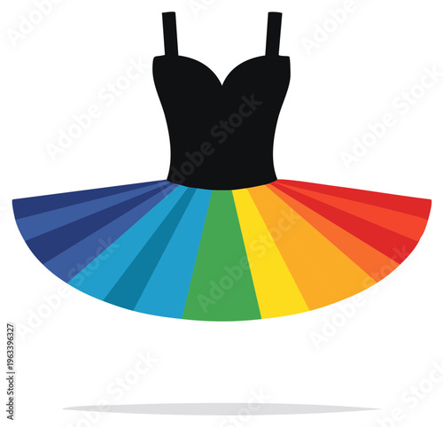 Ballet tutu with rainbow colored skirt and black bodice featuring thin straps