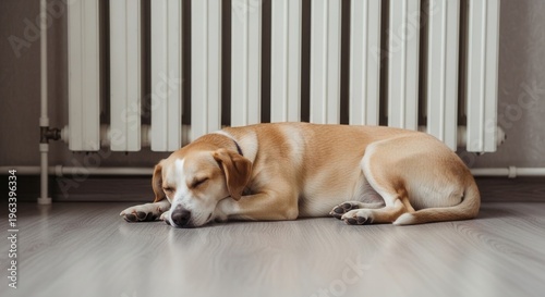 A cute brown and white dog sleeping peacefully on a wooden floor next to a white home heating radiator.