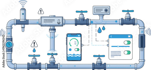 Smart Water Management System Illustration with IoT Sensors, Pipeline Monitoring, Mobile App Control, Leak Detection, and Automated Flow Regulation Technology Design