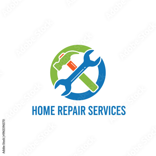 Home repair services logo with colorful wrench and hammer in a circular design.