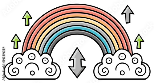 Colorful rainbow illustration with clouds and upward arrows