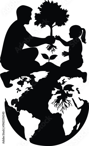 Couple embracing on globe love and earth care vector
