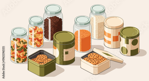 Collection of Various Jars and Containers Filled with Food Items.