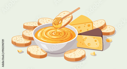 Delicious Cheese Dip with Bread and Honey.