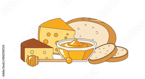 Delicious Cheese Honey and Bread Assortment Illustration.