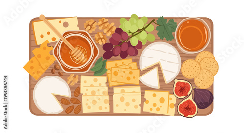 Delicious Cheese Board Assortment with Fruits and Honey.
