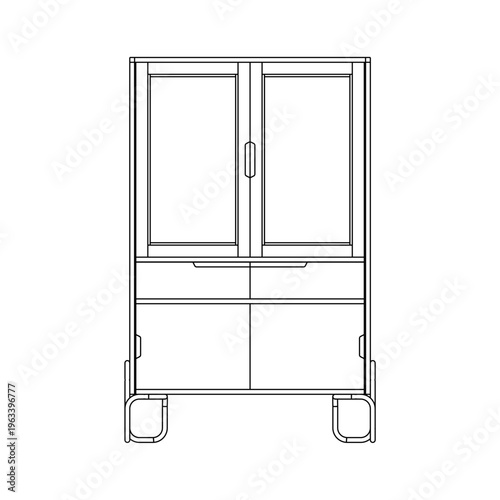 Front view outline of a cabinet with two drawers and sliding door, illustrated in clean elevation line drawing highlighting storage layout and balanced proportions.
