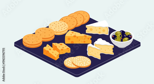 Delicious Cheese Platter with Crackers and Olives.