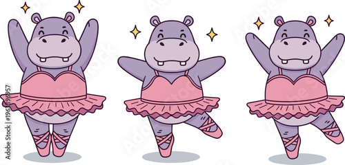 Set of cute cartoon hippopotamus ballerina characters wearing pink tutus and ballet shoes dancing with stars, cad drawing flat vector illustration for kids.