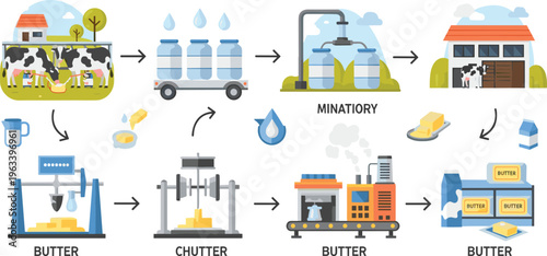 Dairy Production Process Illustration Showing Milk Collection, Transportation, Processing, Butter Churning, Packaging, and Distribution Workflow for Food Industry and Agricultural Manufacturing