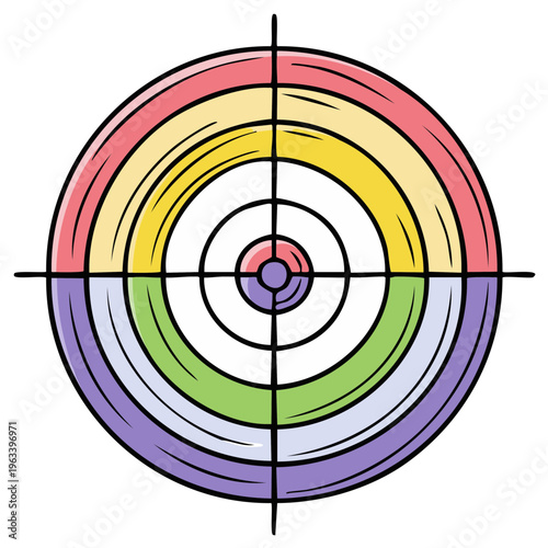 Circular target with rainbow colored rings and crosshairs in a simple graphic style