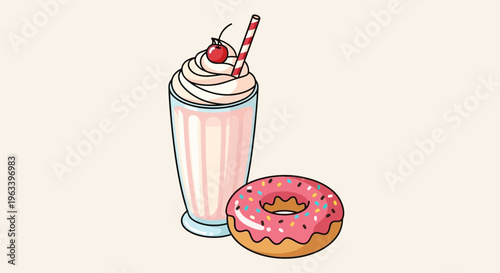 Delicious Pink Milkshake and Frosted Donut Treat.