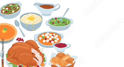 Delicious Thanksgiving Feast Spread with Roasted Turkey and Sides.