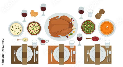 Festive Thanksgiving Dinner Table Setting with Roasted Turkey.