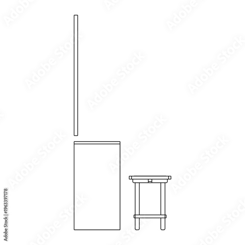 Side view line drawing of a vanity furniture set with desk, mirror, and stool. Minimalist outline highlighting proportions and structure, suitable for technical and interior design use.