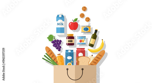 Grocery Bag Overflowing with Assorted Food Items and Produce.