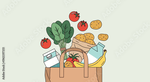 Grocery bag overflowing with fresh healthy food items.