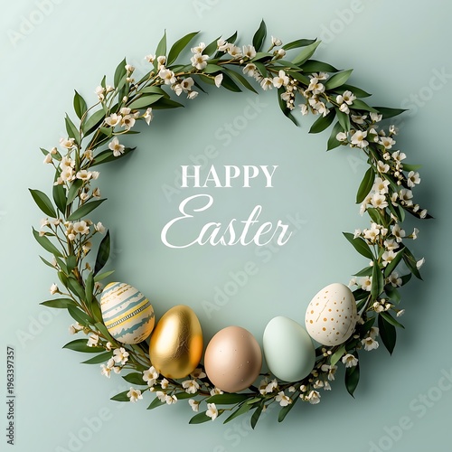 Happy Easter wreath with decorative eggs and greenery, a spring holiday celebration concept with floral elements and pastel colors
