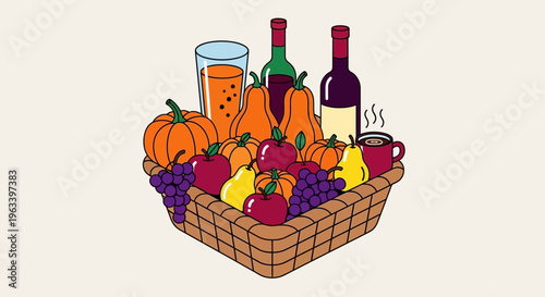 Harvest bounty overflowing from a woven basket.