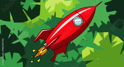 a bright red rocket launching skyward through vibrant green jungle leaves an exciting cartoon illustration evoking adventure and exploration.