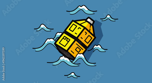 a yellow modular house illustration floating on blue water amidst stylized waves symbolizing concepts of climate change housing and isolated survival.