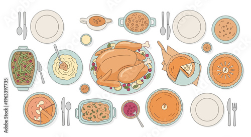 Thanksgiving Dinner Table Setting with Roasted Turkey and Side Dishes.