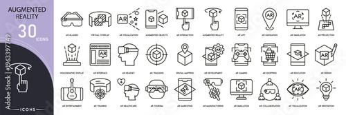 Augmented reality related icon collections. Containing AR, headset, 3D, hologram, smartphone, virtual, overlay, interaction, camera, and technology icons. Outline icons.
